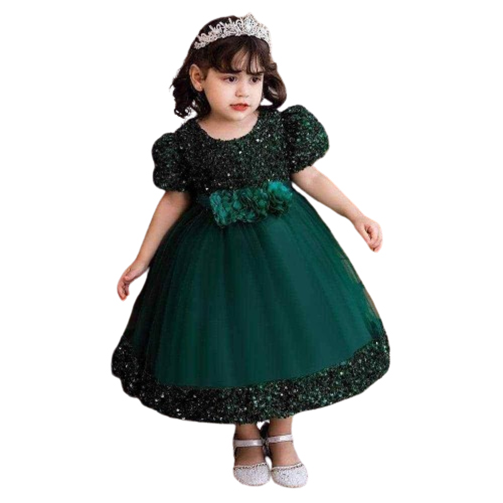 Ac Net and Sequence Net Party Dress For Babies - Bottle Green - BD-32