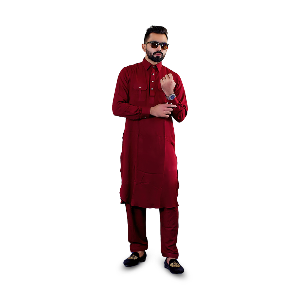 Linen Kabli Full Set For Men FF1029 - Deep Maroon