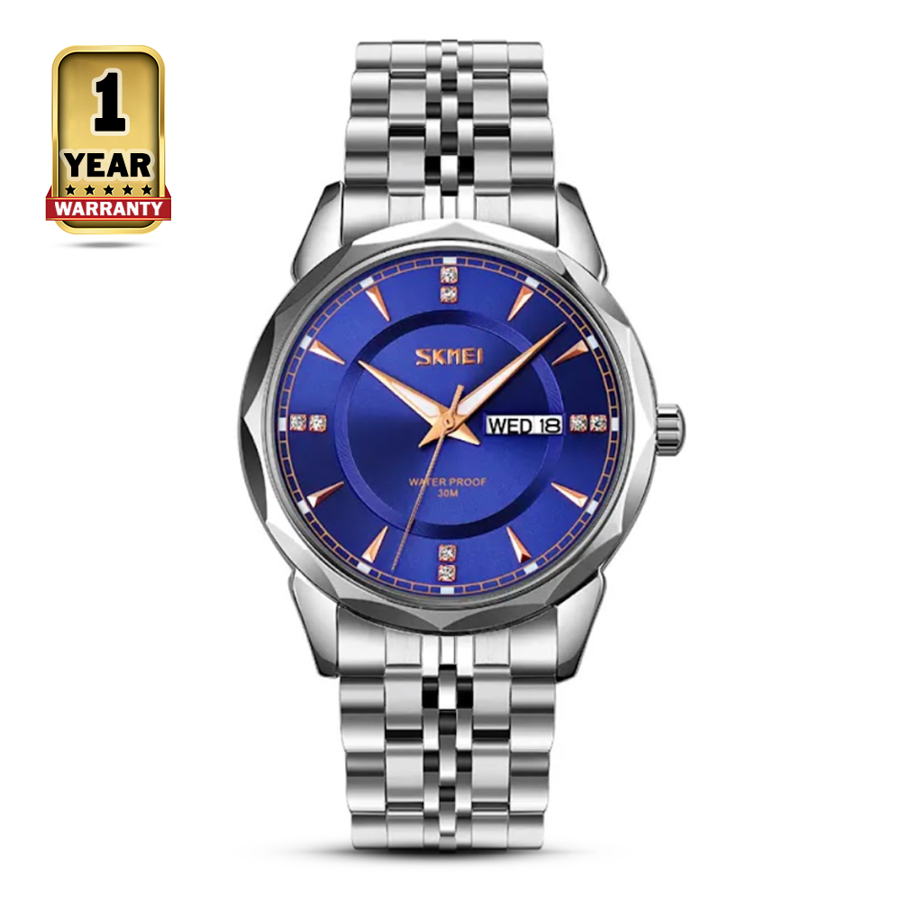 SKMEI 9268 Stainless Steel Waterproof Strap Quartz Casual Wrist Analog Watch For Men - Royal Blue and Silver