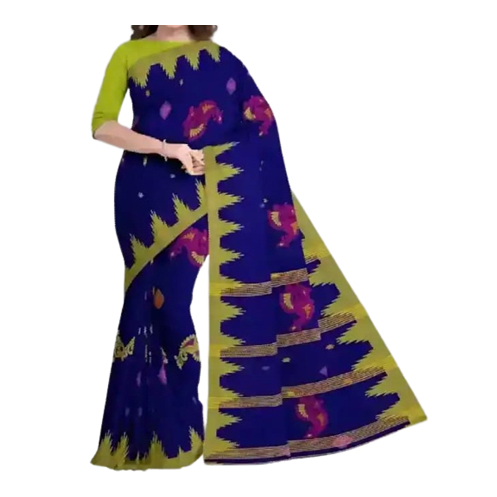 Half Silk Cotton Printed Monipuri Saree For Women - Deep Blue - SP-H05