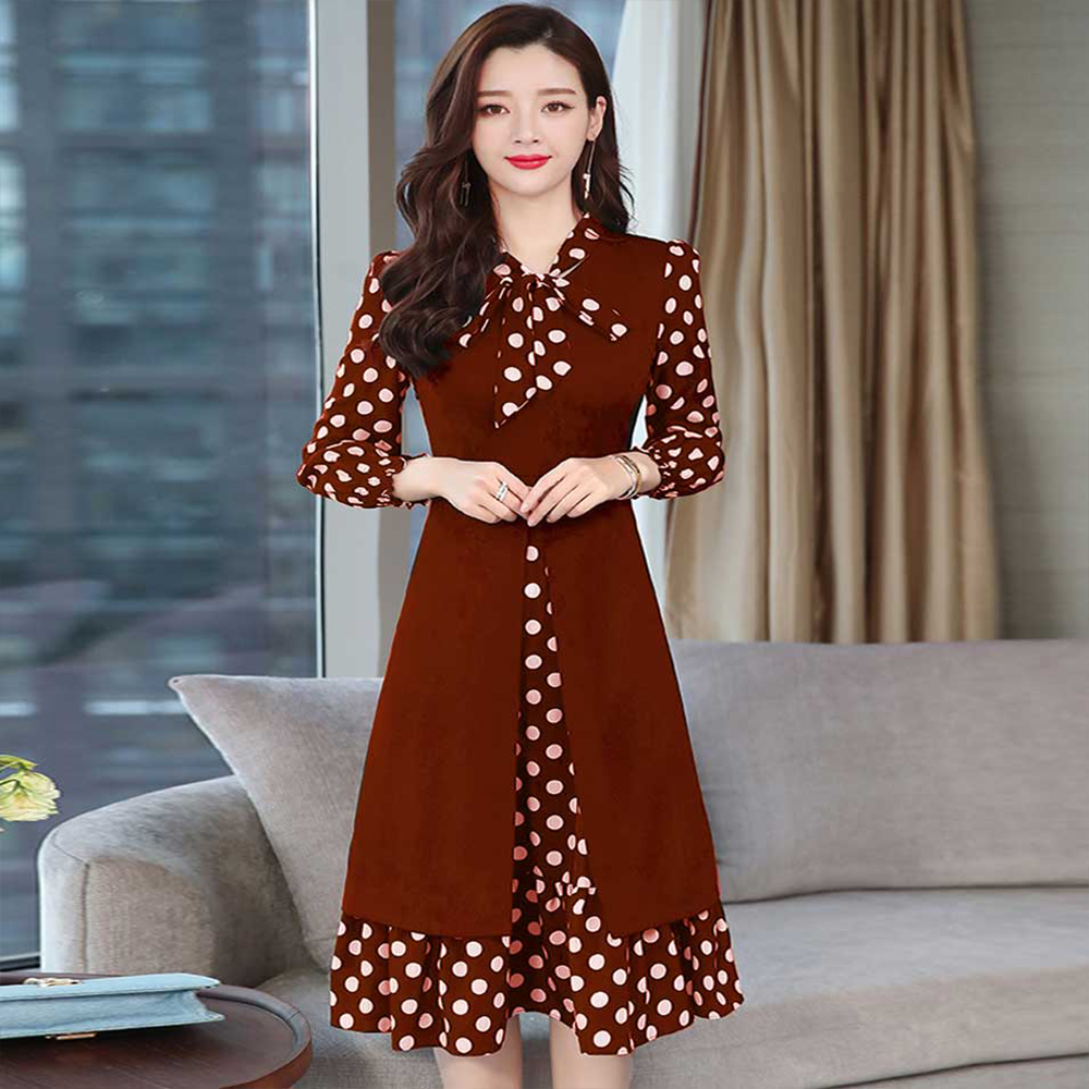 Linen Digital Print Stylish Dot Print Long Kurti  for Girls  - Maroon - 1817