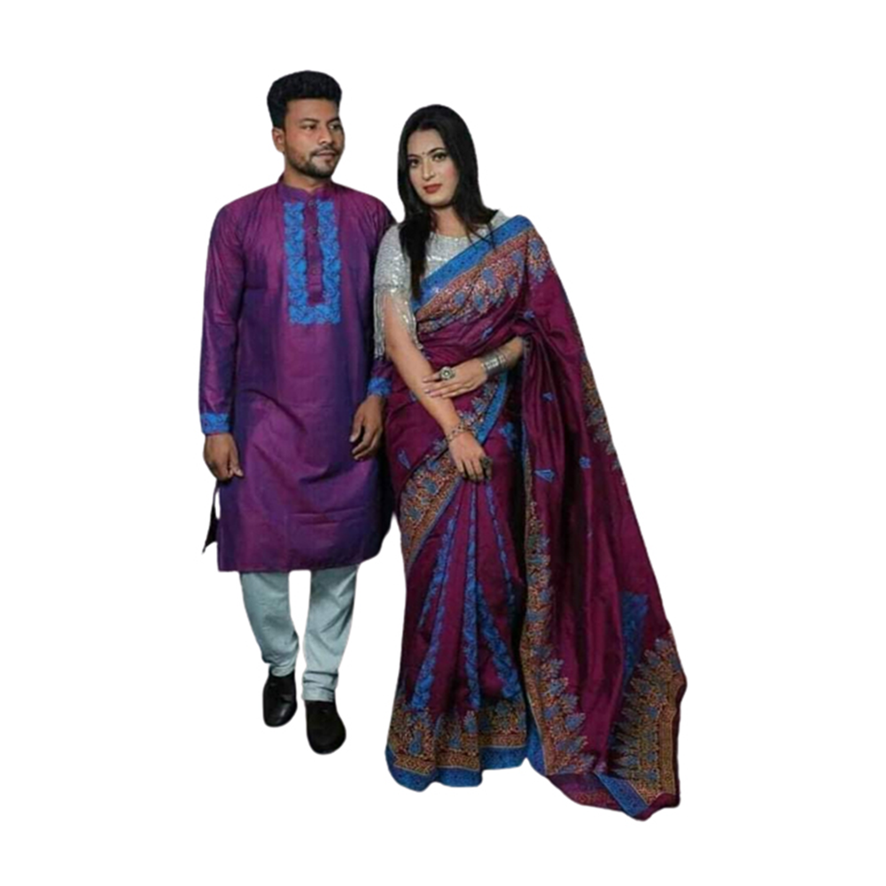 Half Silk Saree and Silk Cotton Panjabi Set For Couple - Purple - CS-48