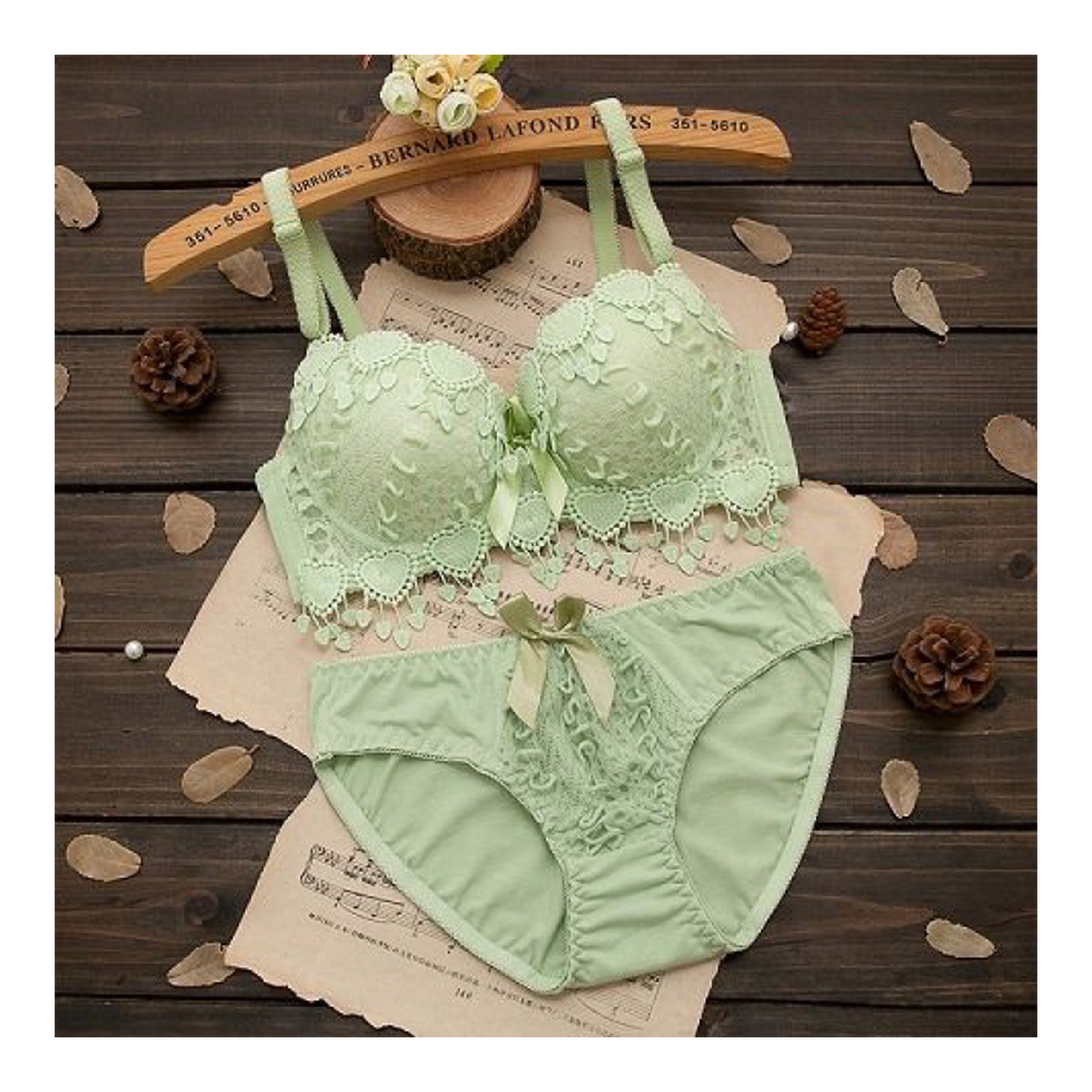 Spandex Floral Lace Push Up Bra and Underwear Set For Women - Green -  OCGreen