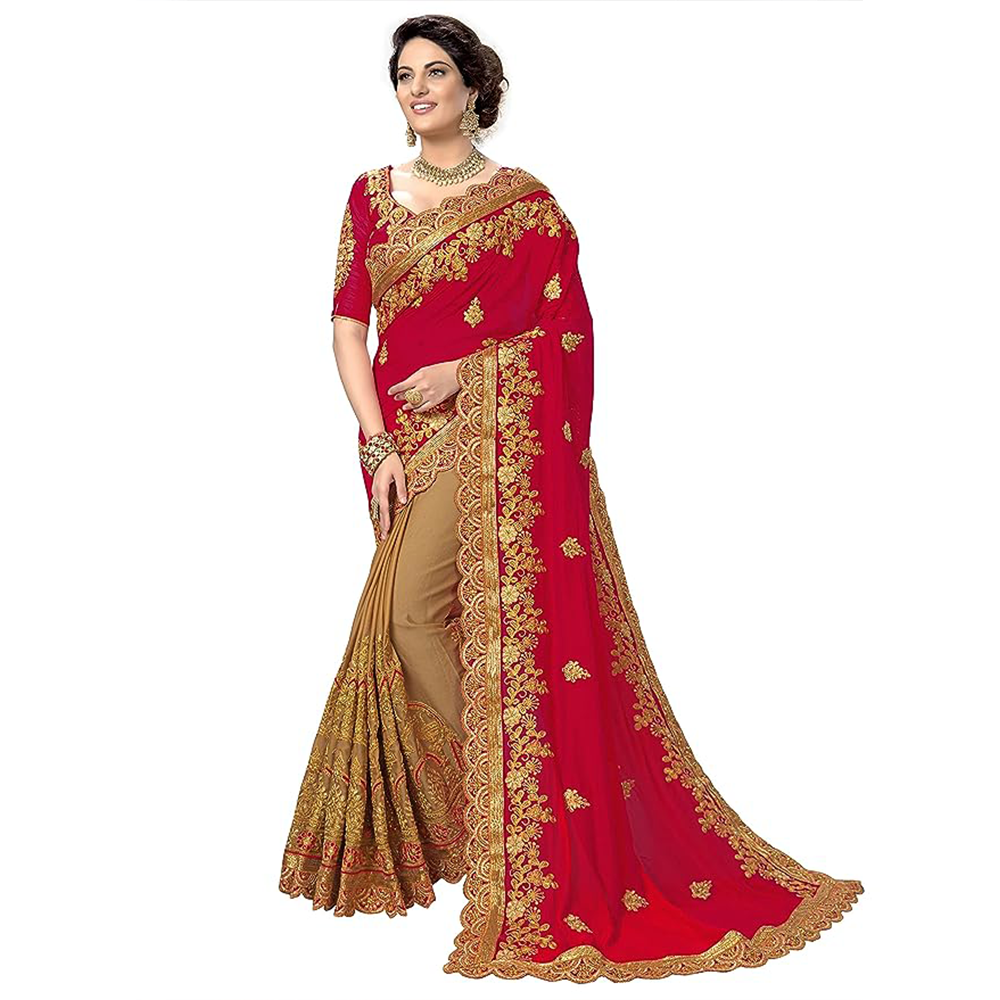 Indian Georgette Saree with Blouse Piece for Women - Red and Golden - HS-00024