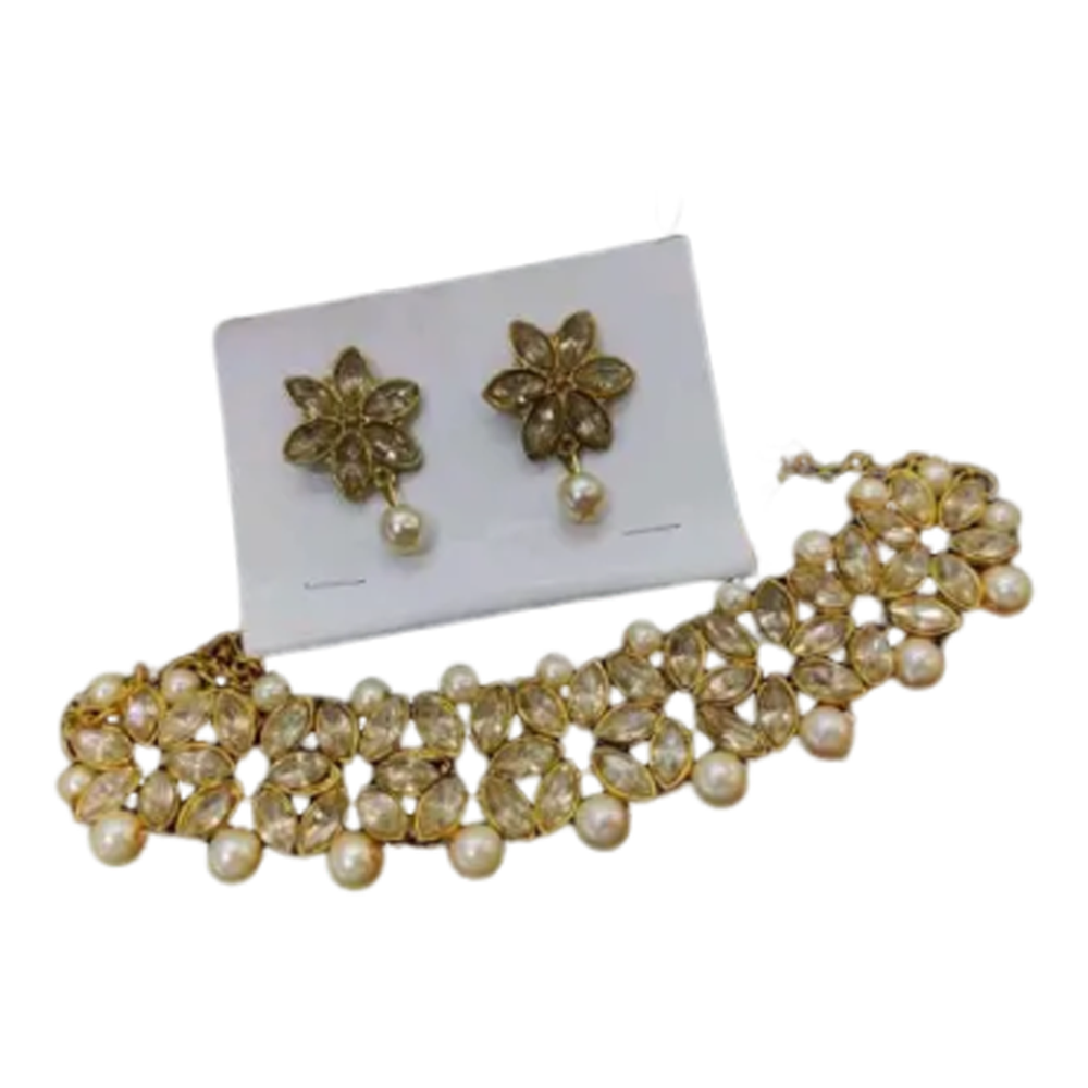 Choker Necklace and Earrings Jewelry Set For Women - Silver and Gold