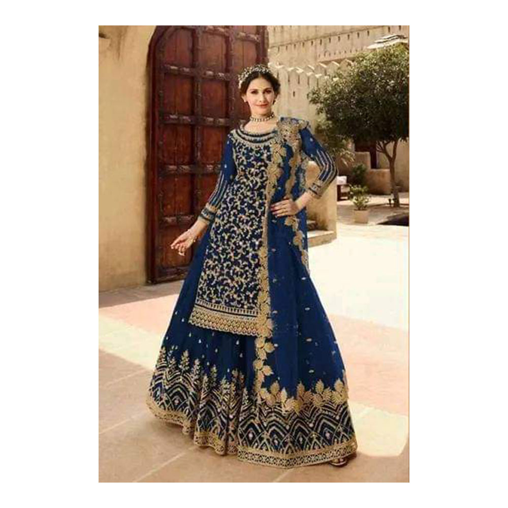 Georgette Semi Stitched Embroidered Party Dress for Women - Blue
