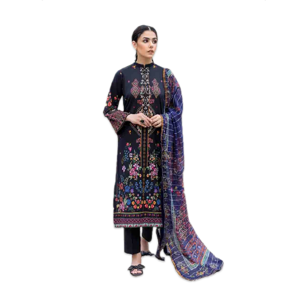 Unstitched Cotton Embroidery Work Three Piece for Women - Kroma - Black