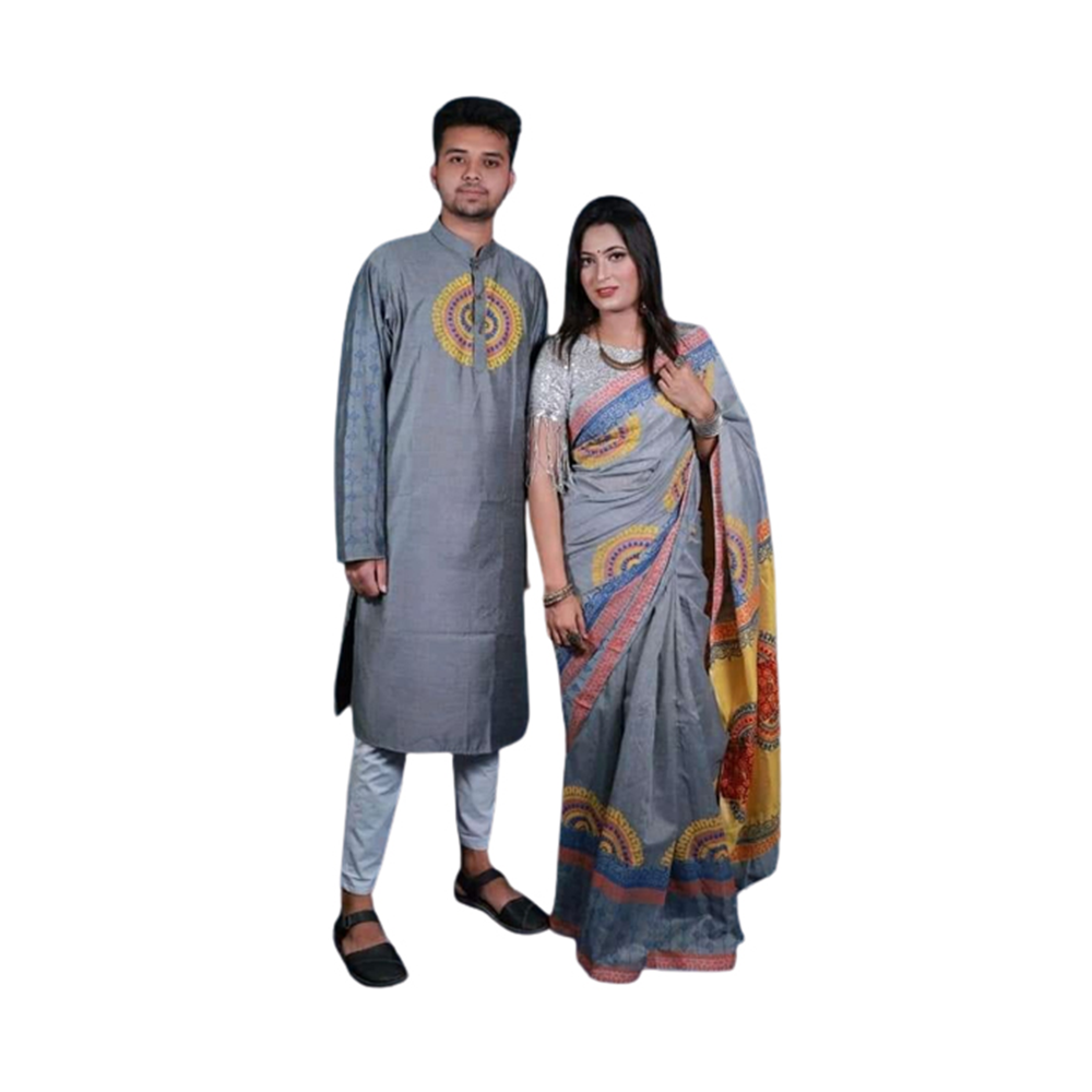 Exclusive Couple Set Saree With Panjabi - Gray - CS-B4