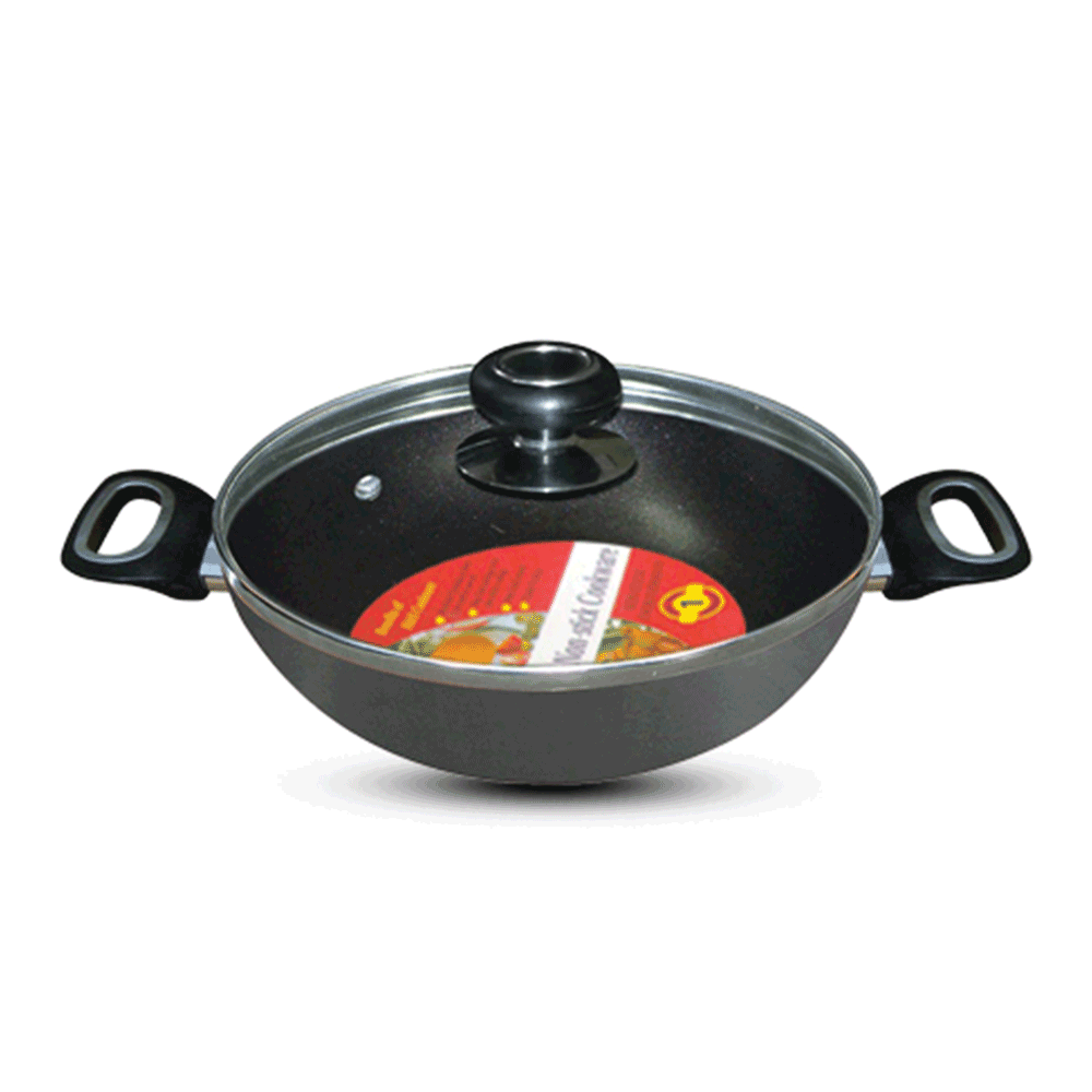 HandS 24 CM Non stick Aluminium Karai with glass Lid - Black