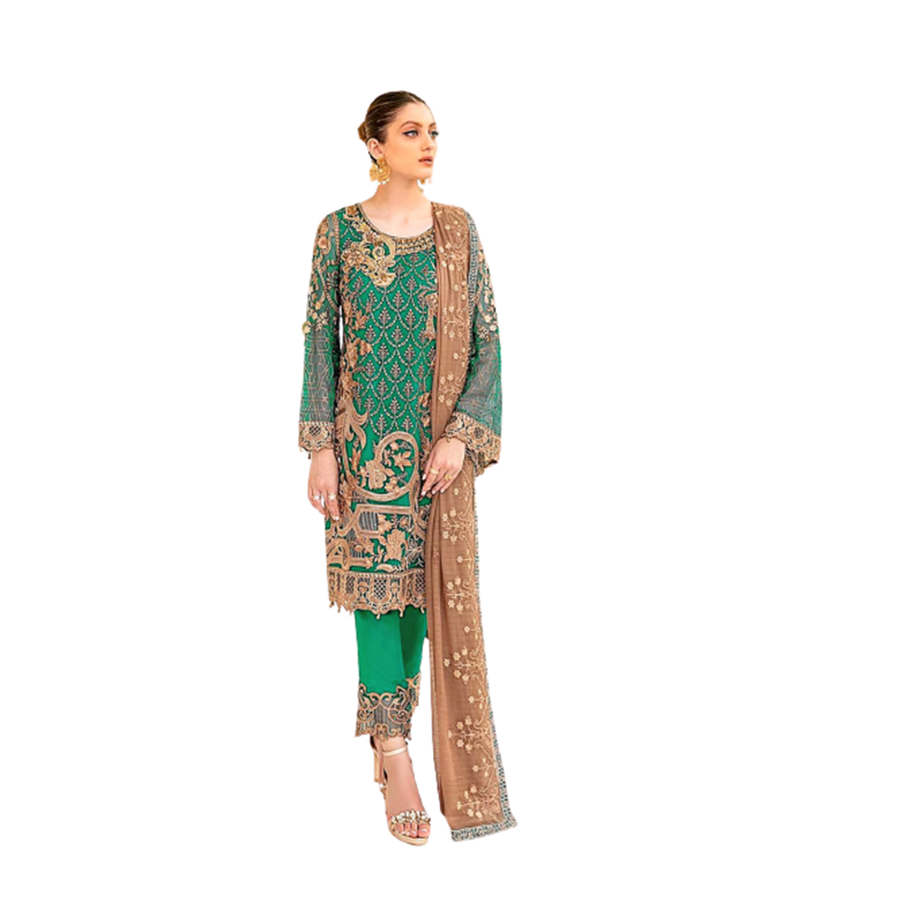 Three Pcs For Women Georgette and Butter Silk - Golden and Green