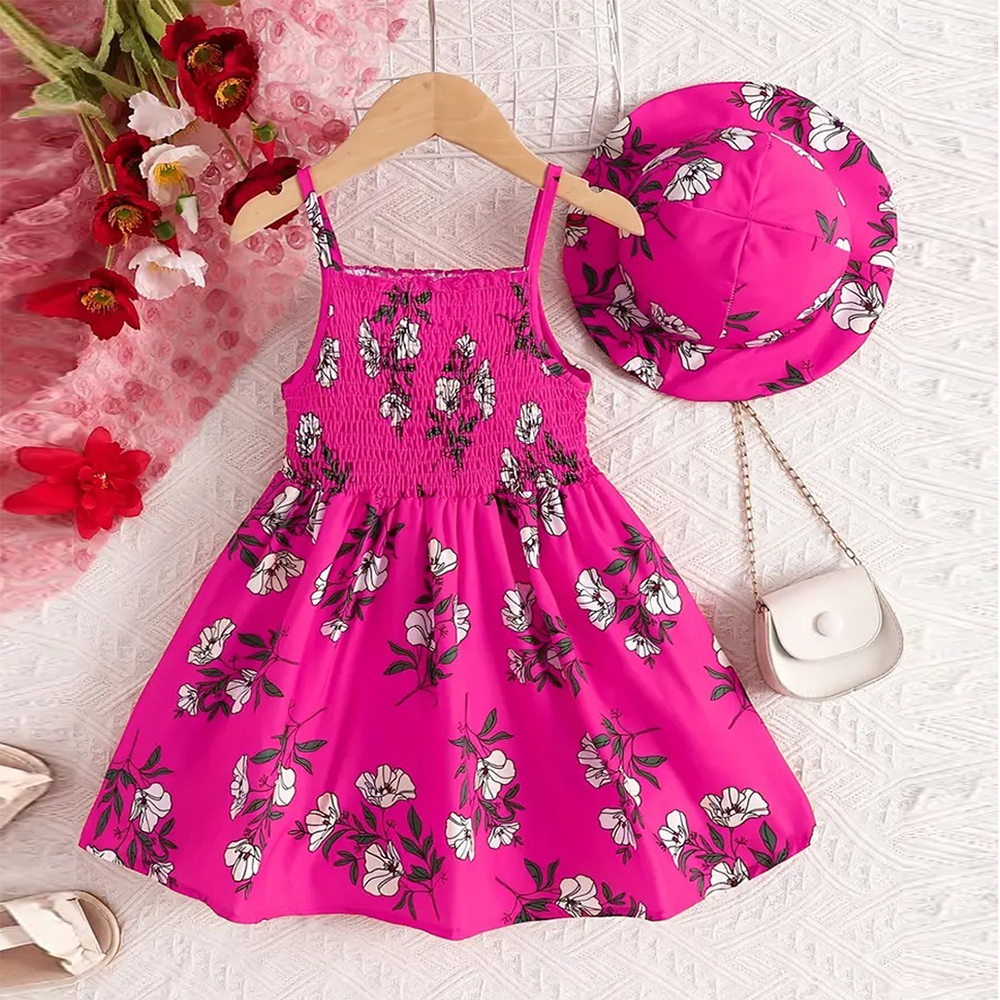 Linen 3D Printed Baby dress for Girls - Pink - BD-54