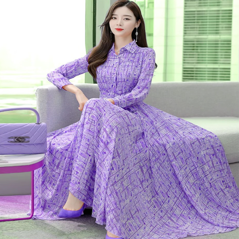 Linen Full Sleeve Digital Print Long Step Shirt and Long Gown For Women - Lite Blue - 1551