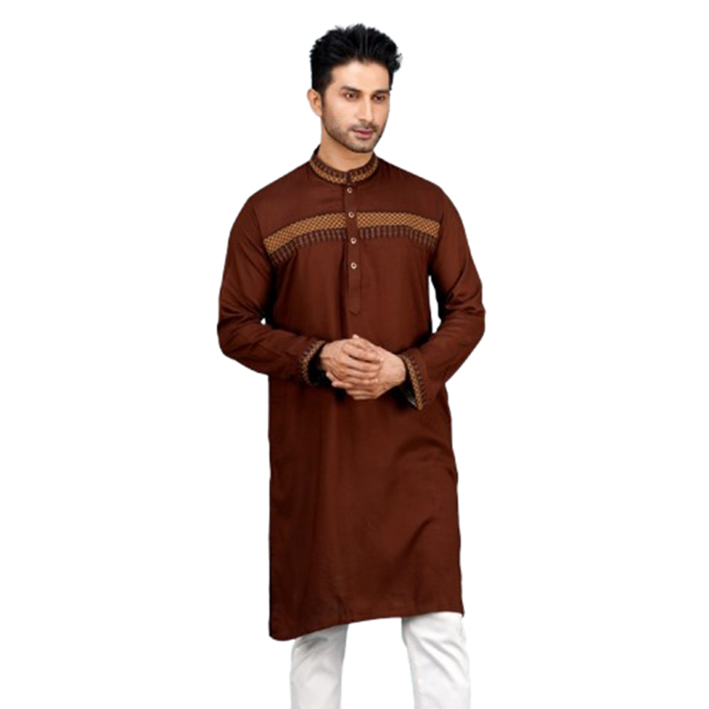 Cotton Embroidery Semi Long Panjabi For Men - Coffee - PM-12