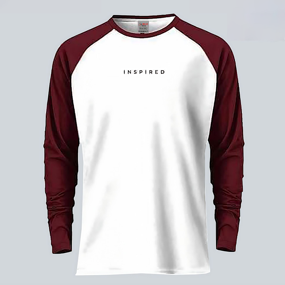 Cotton Full Sleeve T-Shirt for Men - White and Maroon