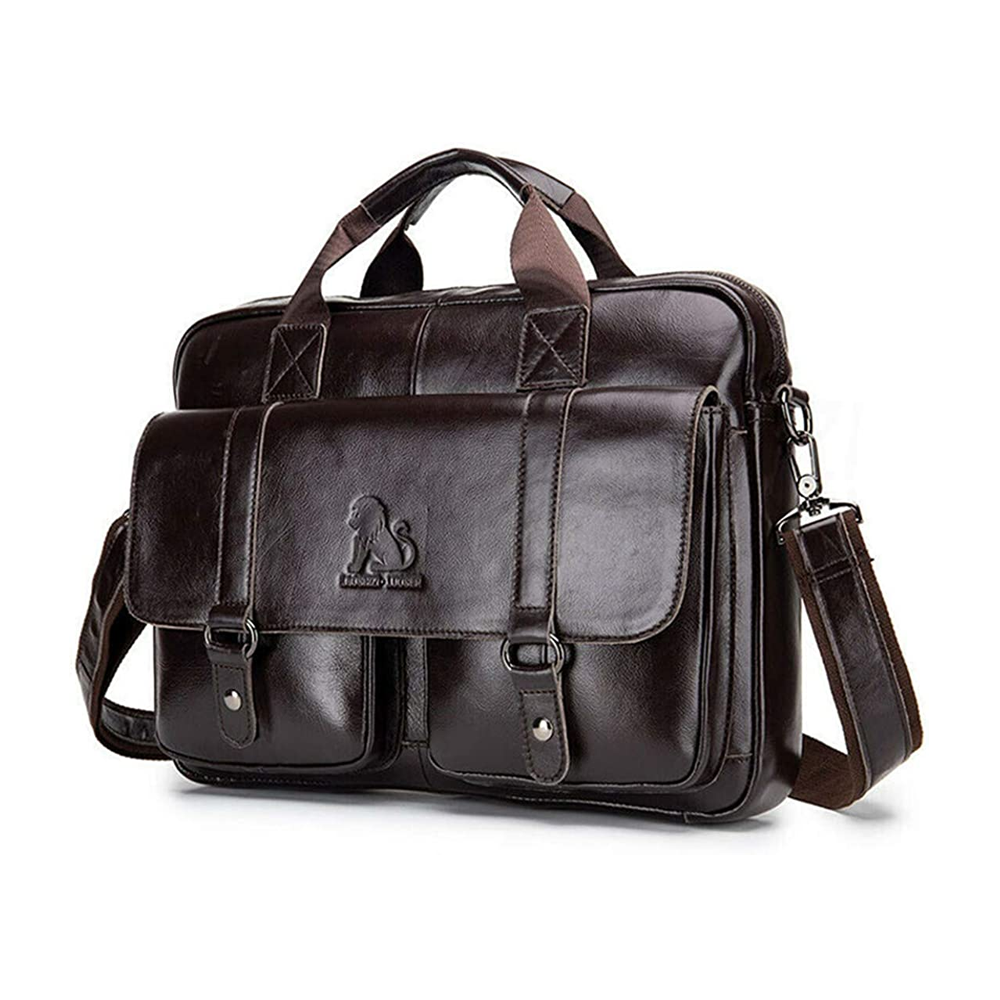 LAOSHIZI Cowhide Leather Vintage Messenger Bag for Men - Chocolate