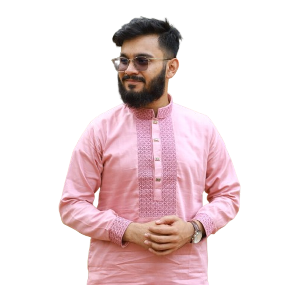 Tencel Cotton Embroidered Panjabi For Men - Light Pink