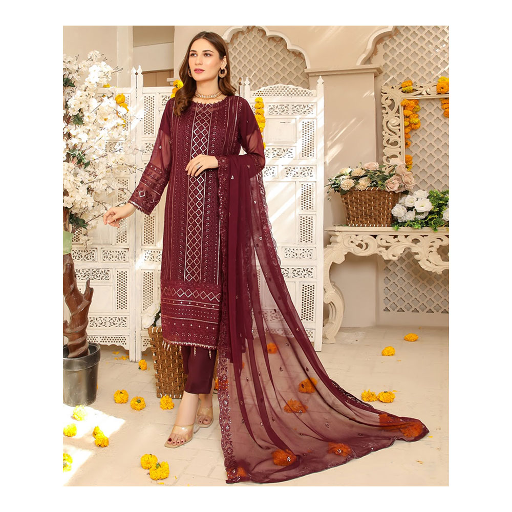 Semi-stitched Chiffon Party Dress for Women - Maroon - HP-3PP-302 (1 Pc Ring Free)