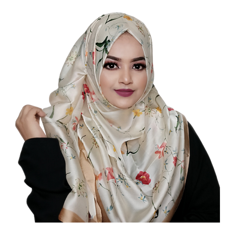 Pure Silk Luxury Floral Soft Long Print Hijab For Women - Creamy