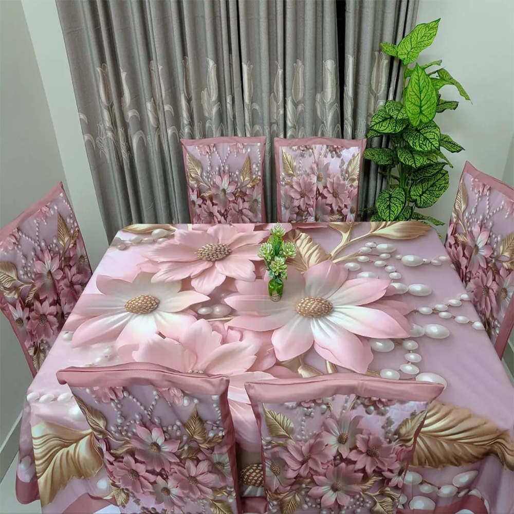 Velvet 3D Printed Dining Table Cloth with 6 Pcs Chair Cover - 60x84 Inch - Multicolor - TC-53