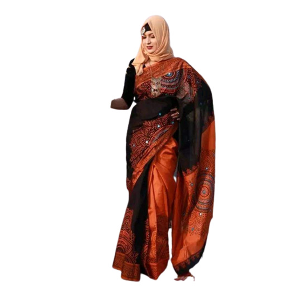 Half Silk Hand Printed Sharee For Women - Multicolor - SP-122