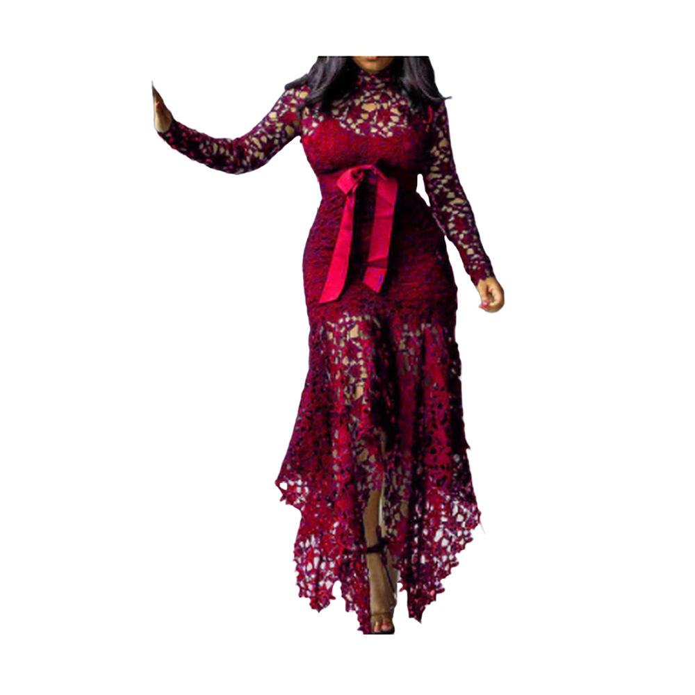 Polyester Stitching Lace Irregular Hem Elegant Dress -Red