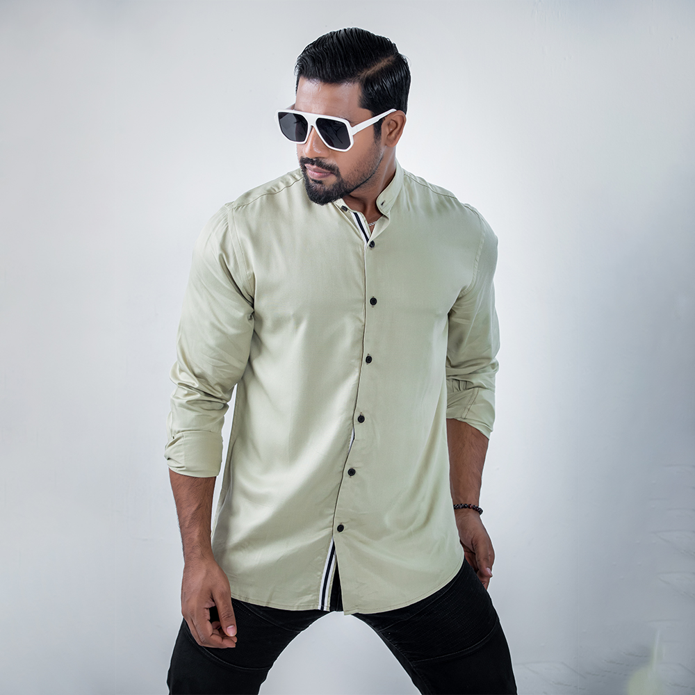 Tencel Band Collar Full Sleeve Shirt for Man - Light Olive - SH-M-BLO