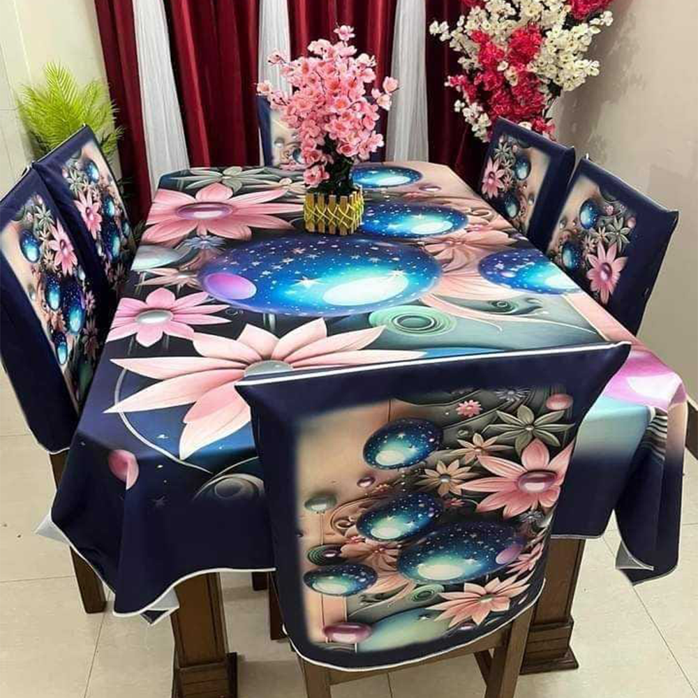 Korean Velvet 3D Print Premium Dining Table Cloth and Chair Cover Set 7 in 1 - TC-136