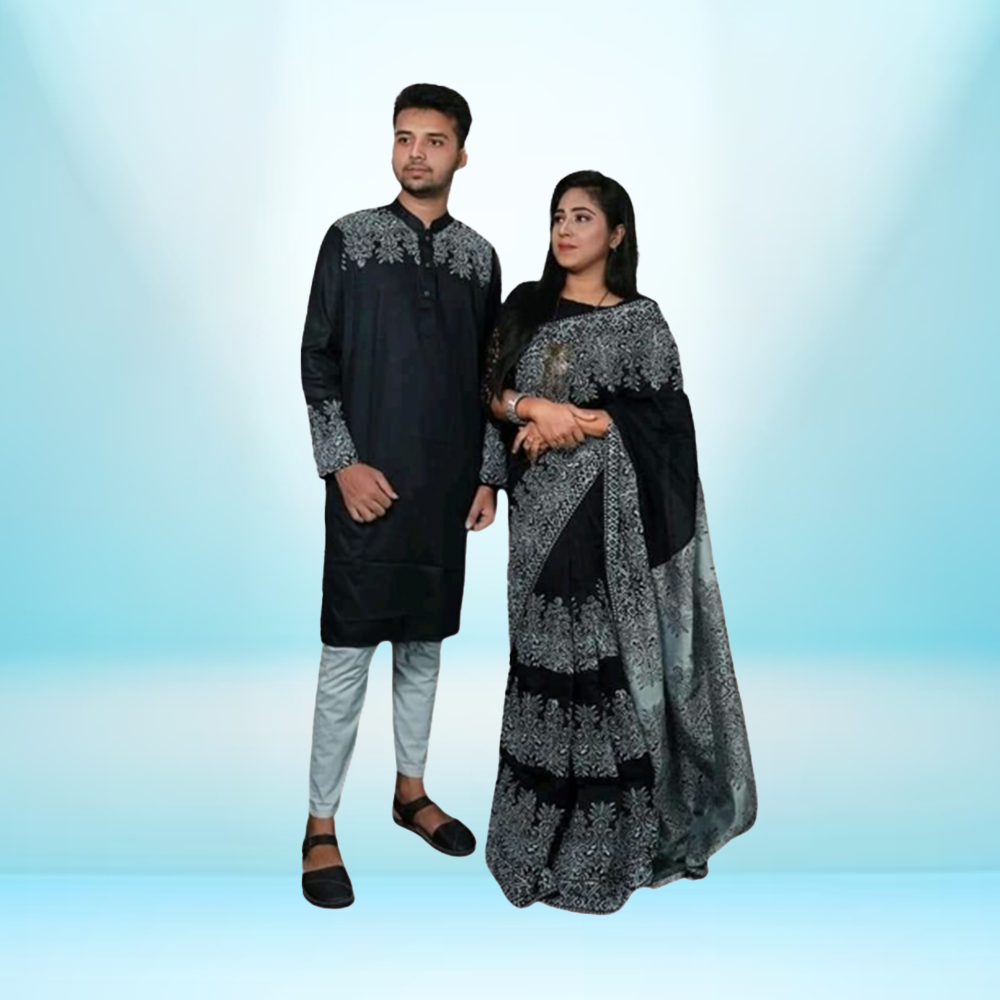 Exclusive Couple Set Saree With Panjabi - Black - CS-B7