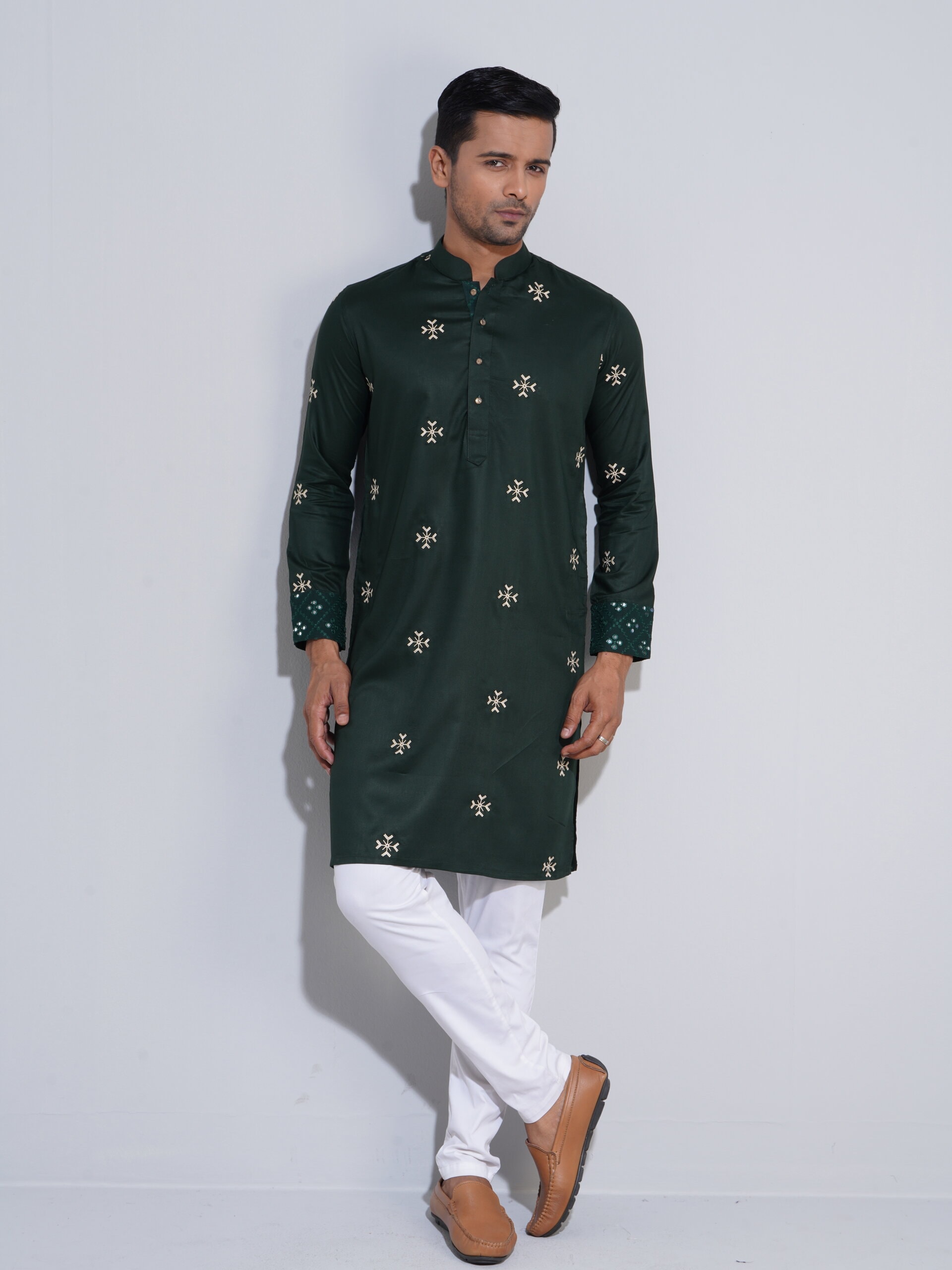 Aman Cotton Embroidery Panjabi for Men - Dark Green - P23