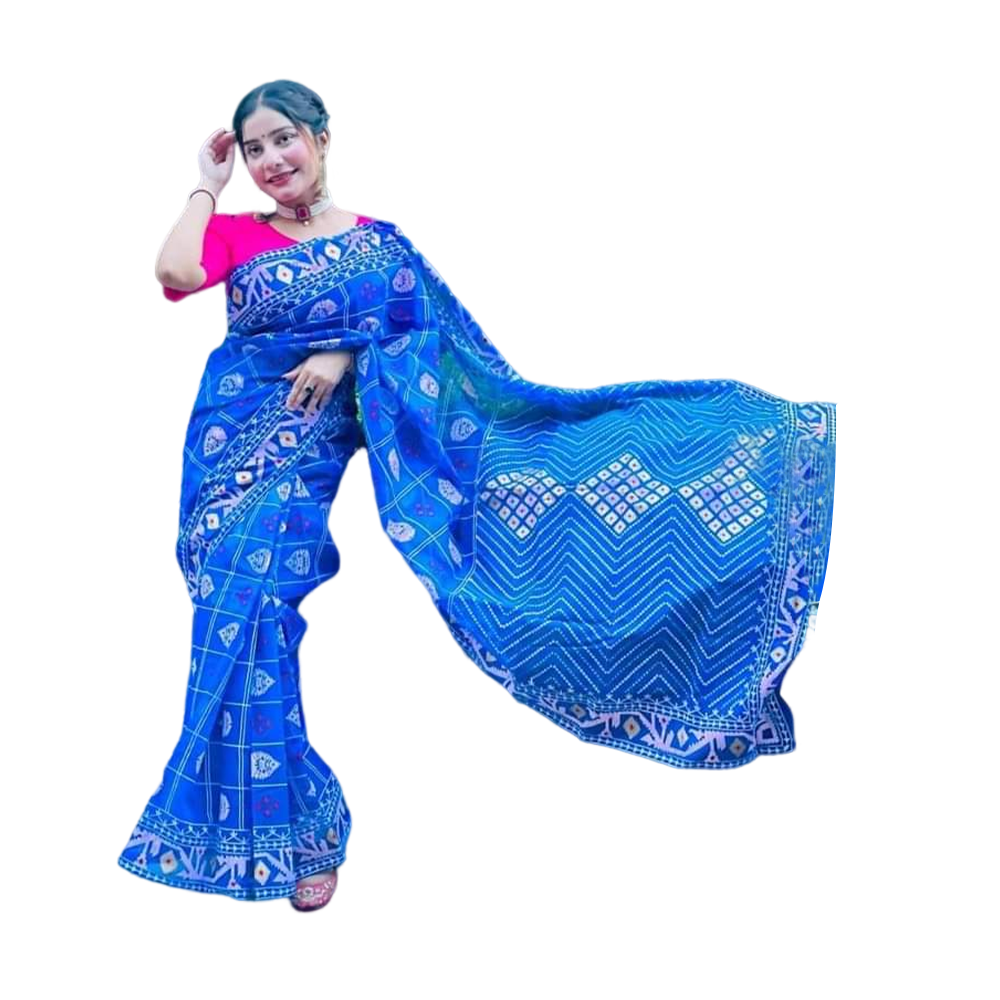 Half Silk Screen Print Saree For Woman - Blue