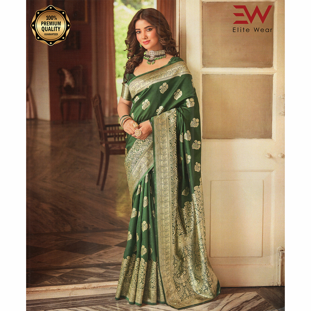 Gujrati Pure Handloom Katan Saree with Blouse Piece for Women - Dark Green - A-647 D