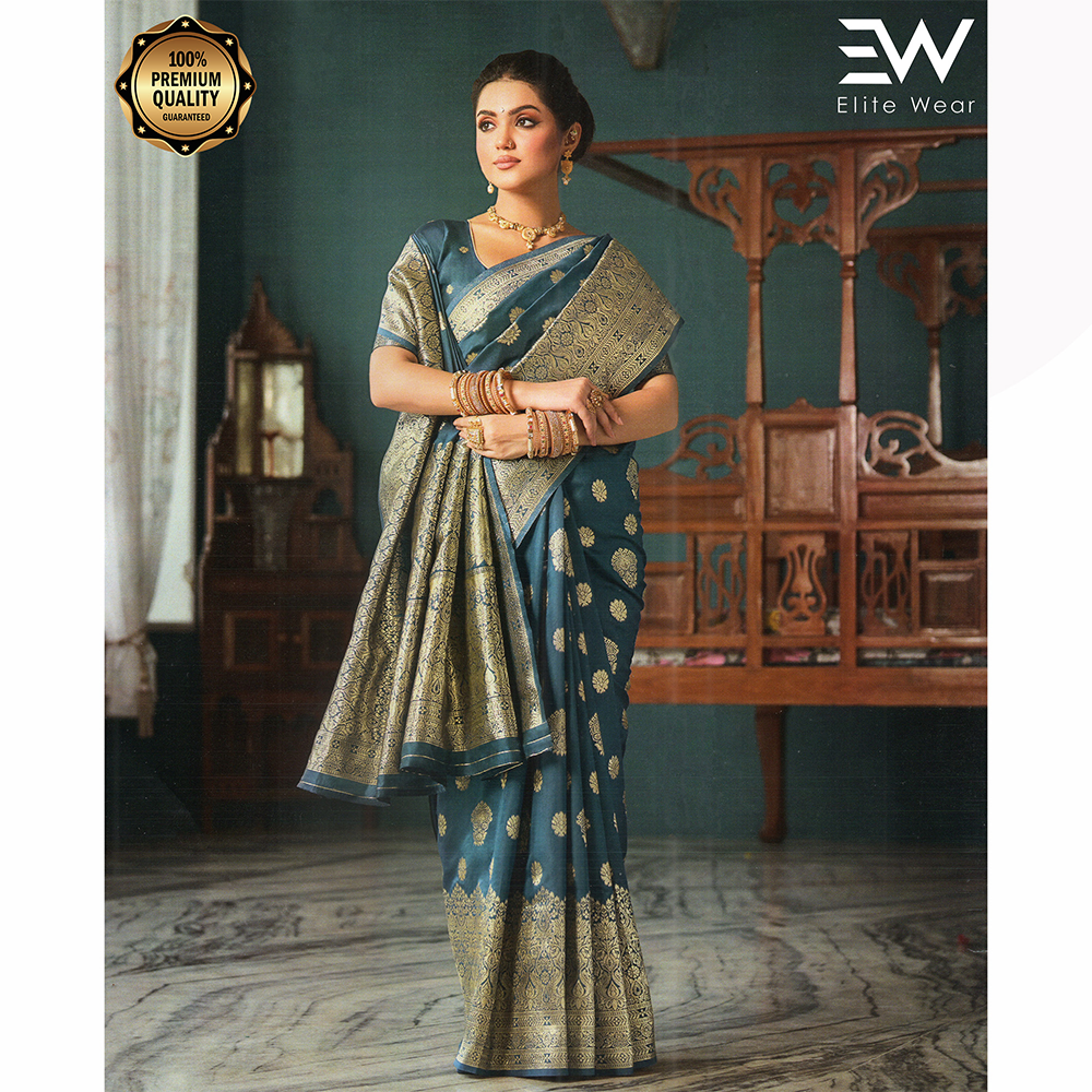 Gujrati Pure Handloom Katan Saree with Blouse Piece for Women - Ocean Blue - A-645 D