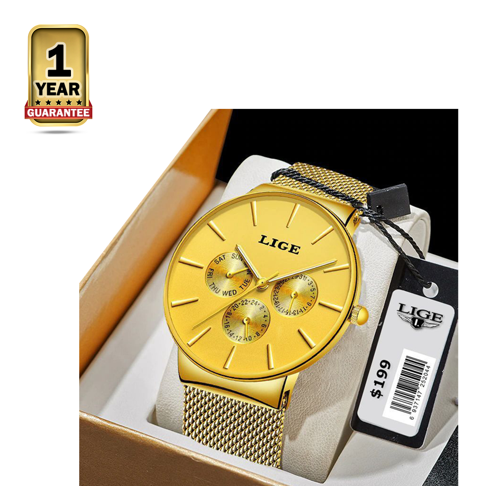 LIGE Stainless Steel Quartz Wrist Watch for Men Golden W 2