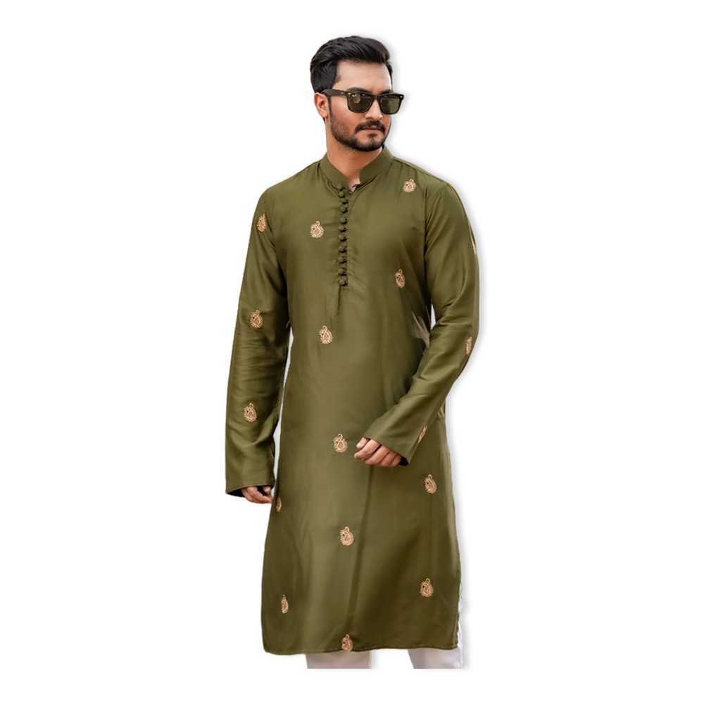 Aman Cotton Embroidery Panjabi For Men - Olive - AP-37