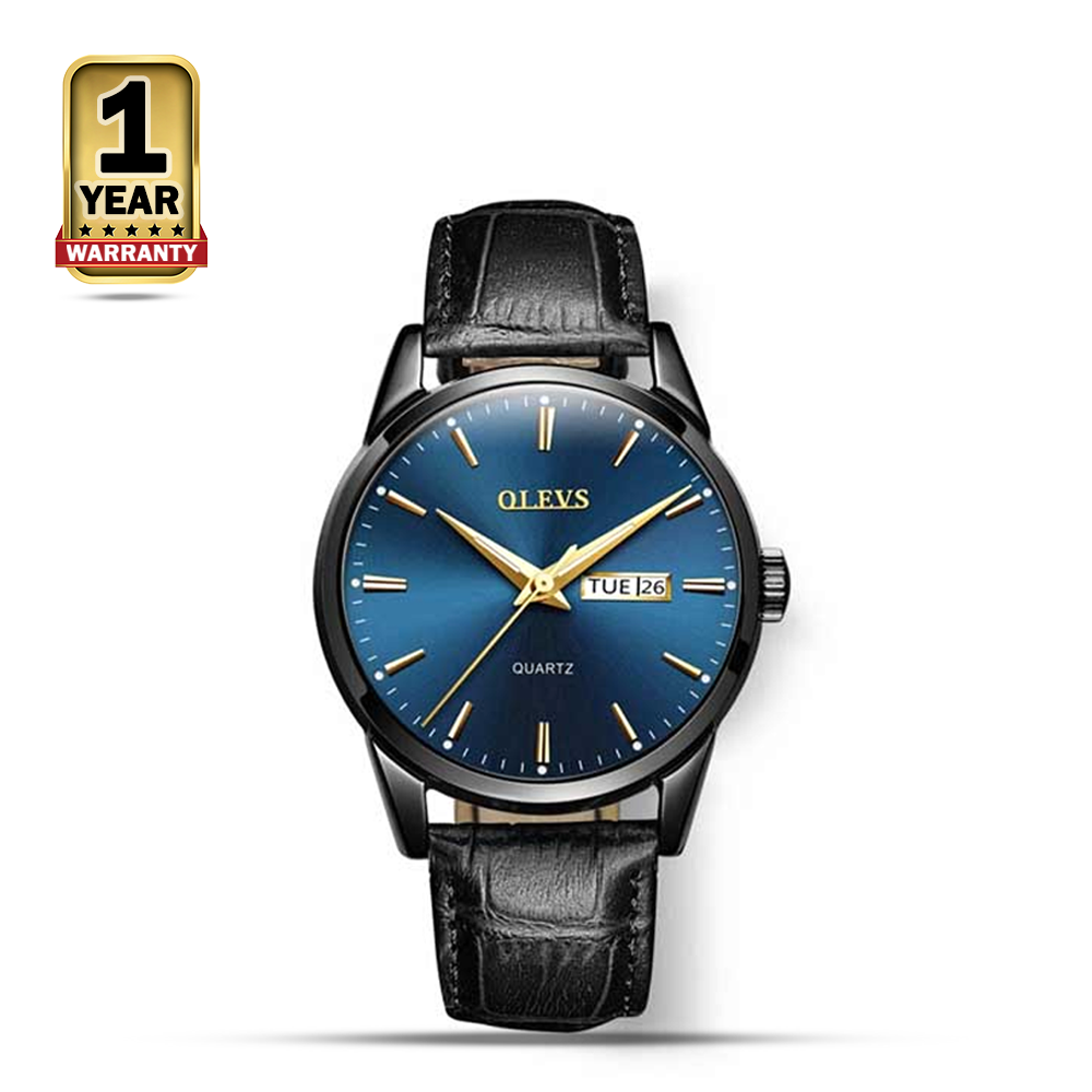 Olevs 6898 PU Leather Wrist Watch For Men - Black and Blue