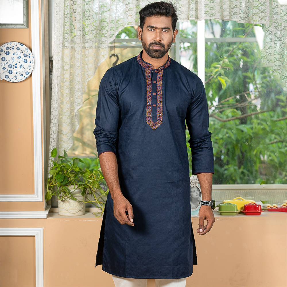 Indian Cotton Karchupi Panjabi For Men - Teal - 5083