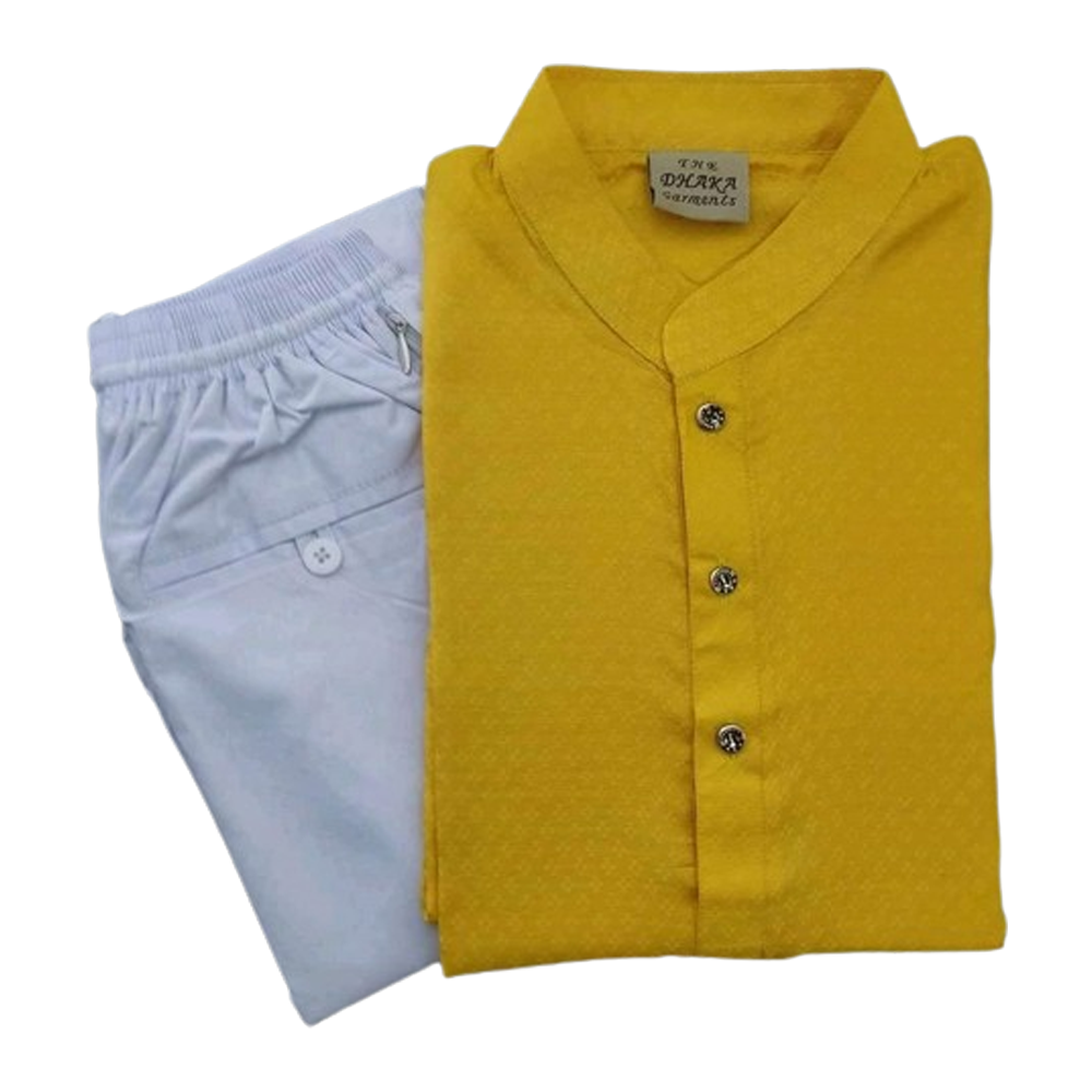 Silk Semi Long Panjabi and Cotton Payjama Set For Men - Yellow and White