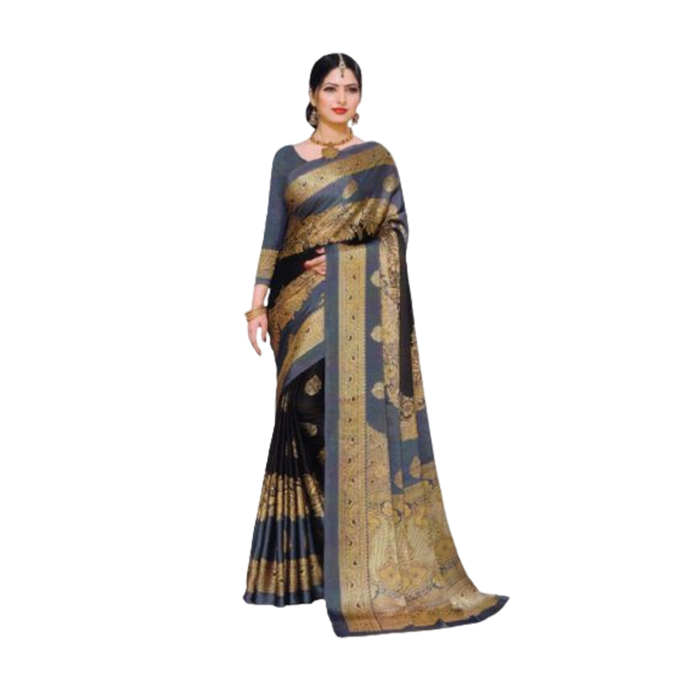 Soft Silk Digital 3D Printed Saree With Blouse Piece - Gray And Black - SS-P17