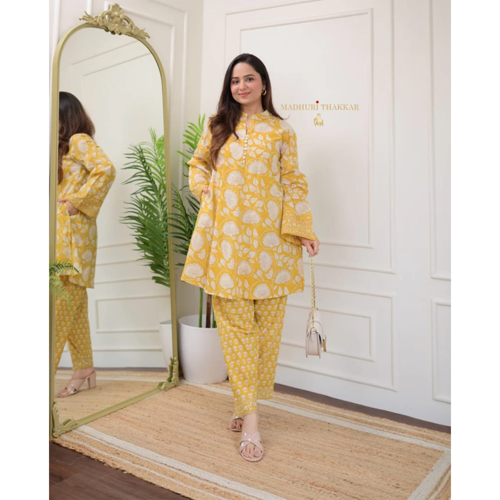 Cotton Floral Co-Ord Set For Women - Yellow - HS 00003