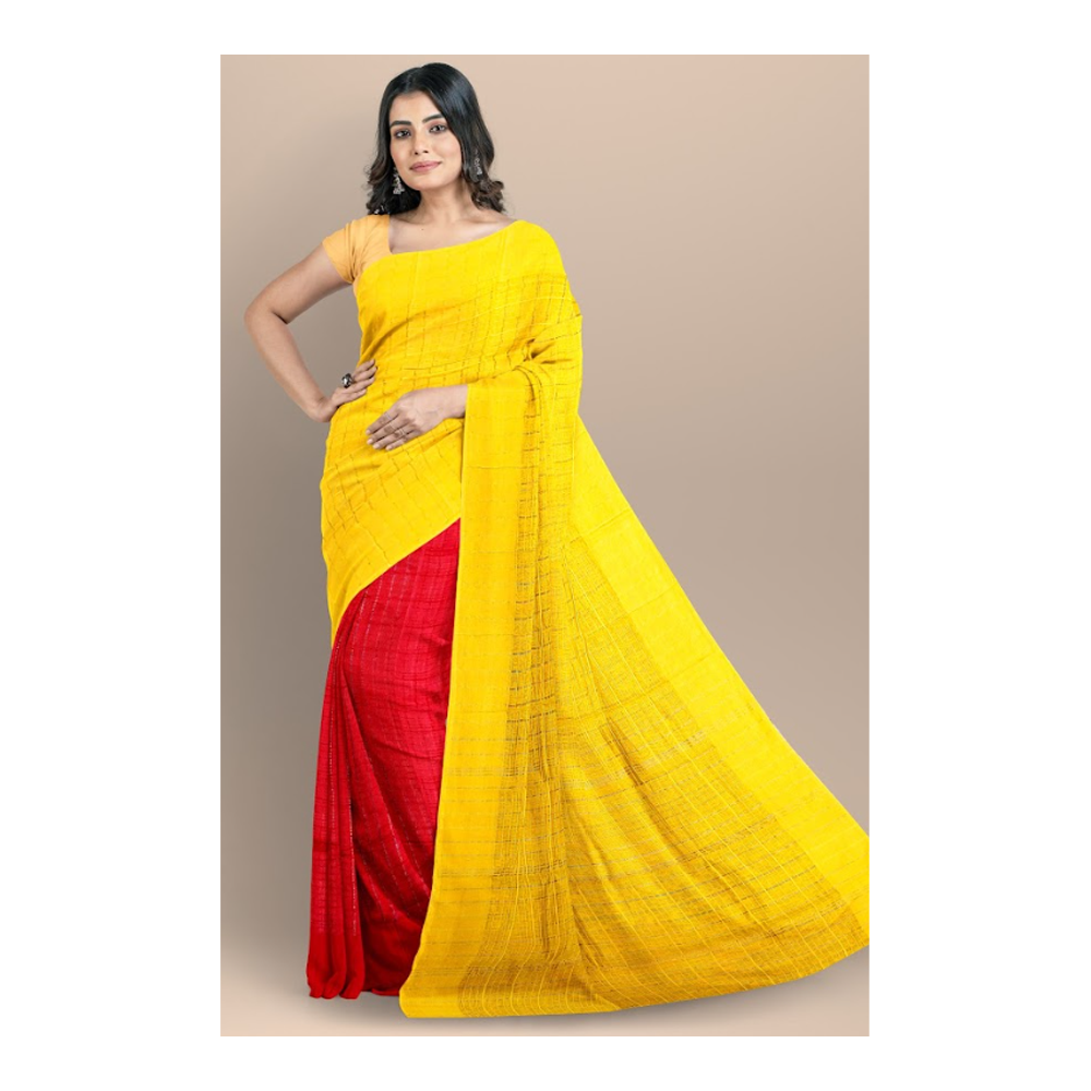 Jum Silk Tangail Tant Saree for Women - Yellow and Red - TTS-95