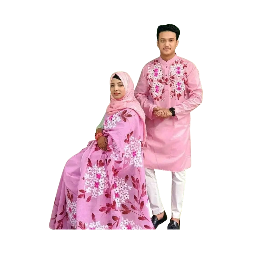 Cotton Silk Saree and Dhupian Cotton Panjabi Couple Dress - Pink - SC76