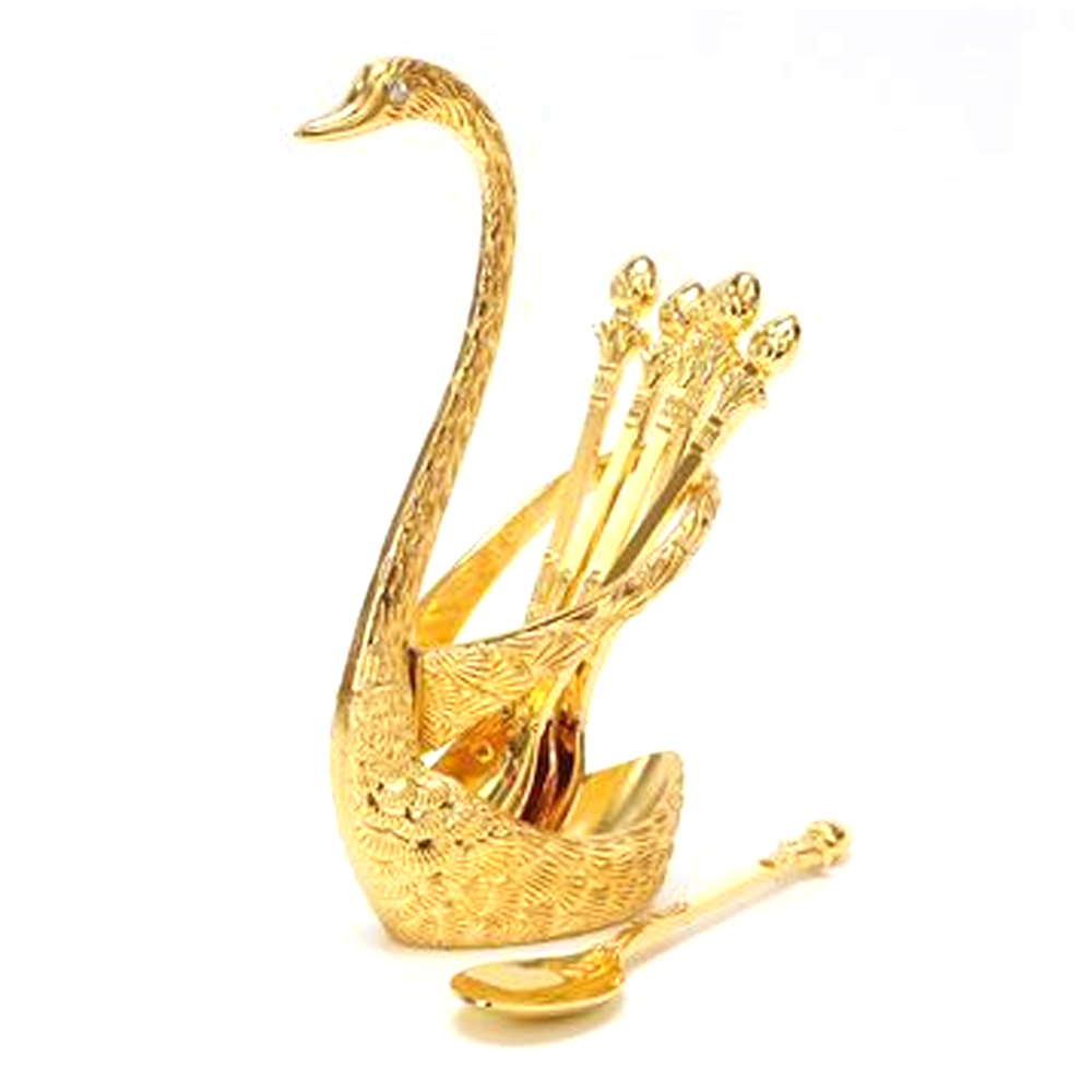 Spoon Set With Swan Stand - Gold and Silver