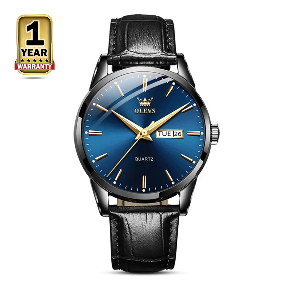 OLEVS 6898 Leather Analog Watch For Men - Black And Blue
