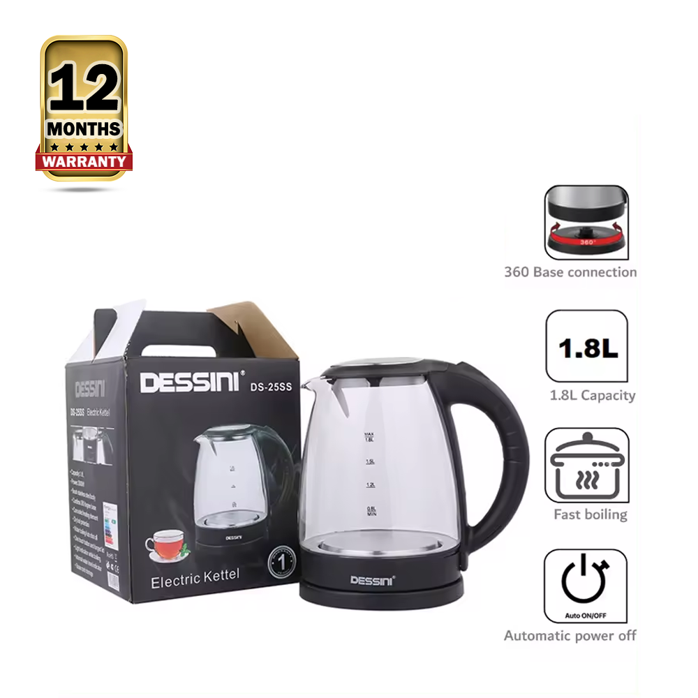 DESSINI DS25SS Electric Water Heater Glass Kettle - 1.8 Liter