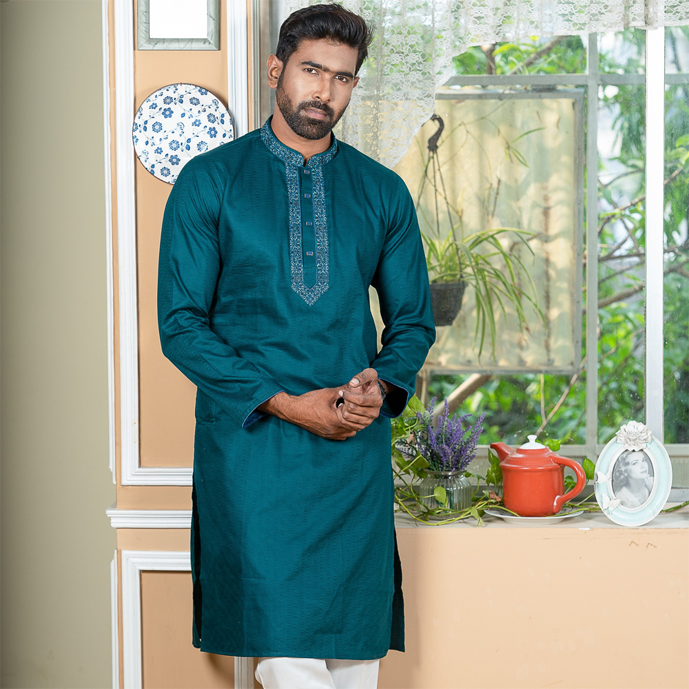 Indian Cotton Karchupi Panjabi For Men - Sea Green - 5082