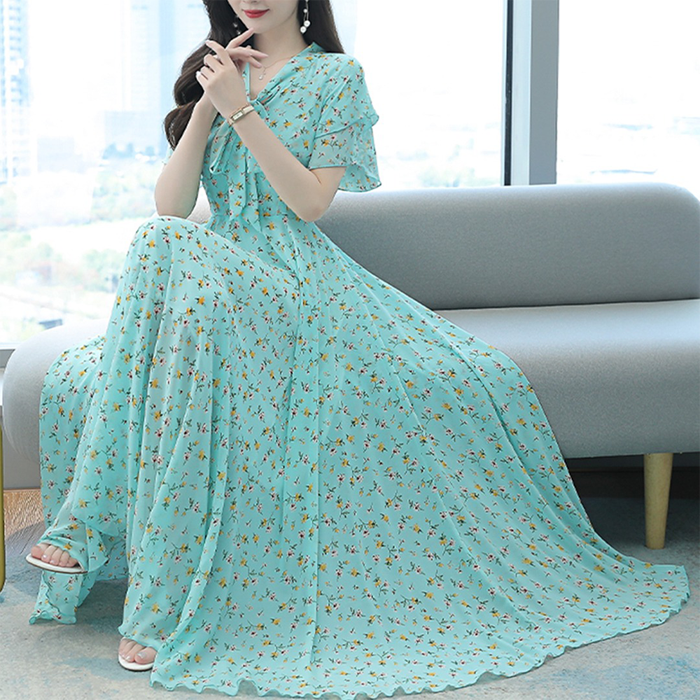 China Linen Printed Long Gown For Women - Light Blue - GL-01