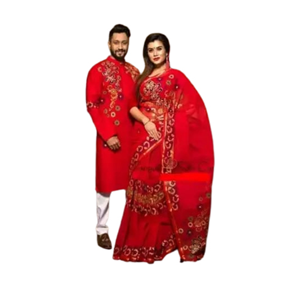 Half Silk Saree and Silk Cotton Panjabi Set For Couple - Red - CS-41