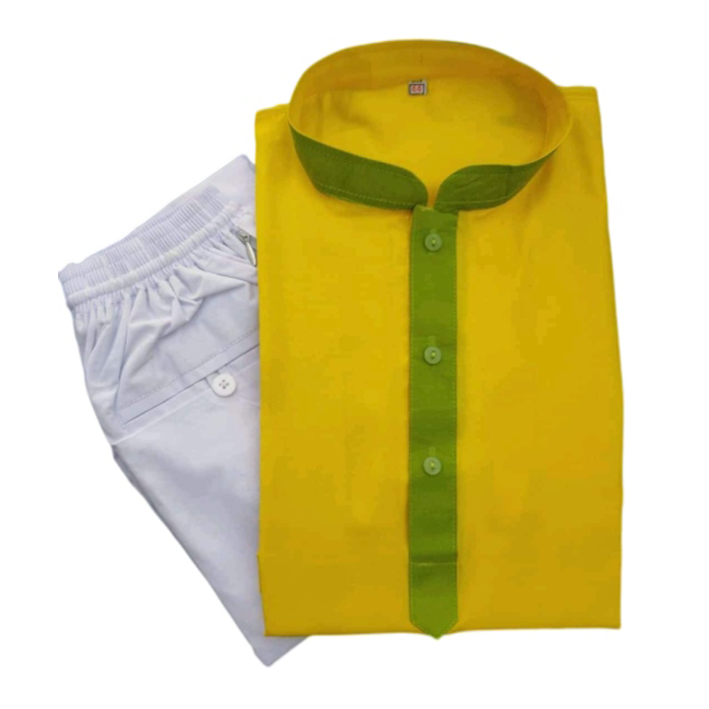Silk Semi Long Panjabi and Cotton Payjama Set For Men - Yellow and White