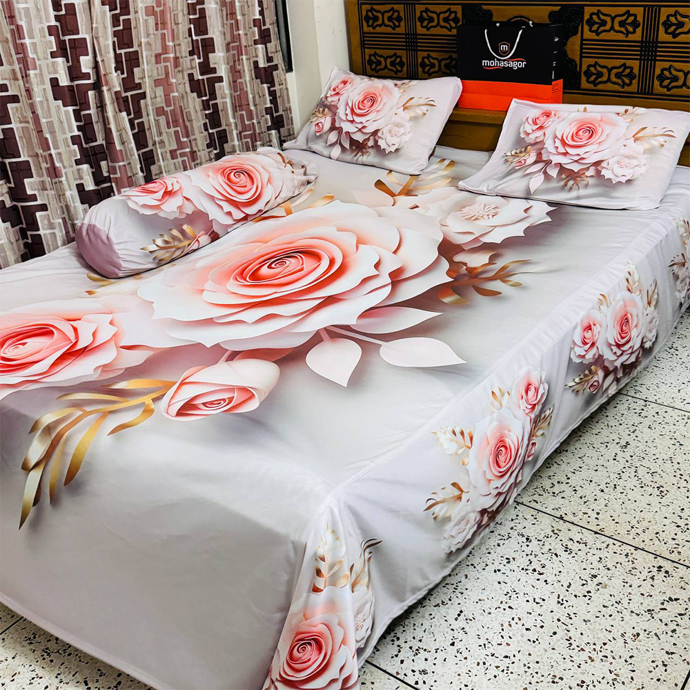 China Cherry Cotton King Size 3D Design Bedsheet With Pillow Covers - Multicolor - HS-00041