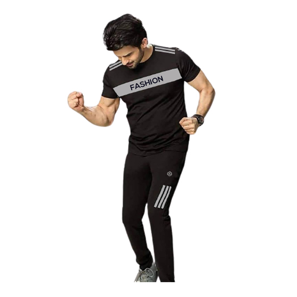 PP Jersey T-Shirt With Trouser Full Track Suit - Black - TF-14